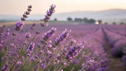 Obraz premium a field of lavender blossoms under a soft, diffused light. The purple flowers stretch into the distance, creating a sense of tranquility