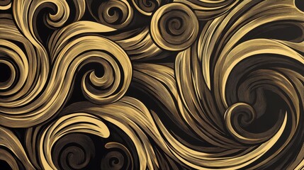 Abstract golden swirl pattern with intricate spirals and curves on dark background