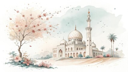 Naklejka premium Serene Mosque Watercolor Painting