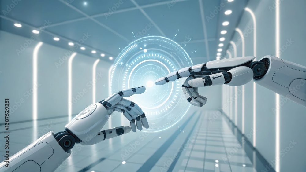 Poster a futuristic scene with two robotic hands touching in front of a glowing digital interface