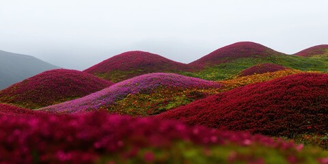 A stunning landscape showcasing rolling hills adorned with vibrant pink and green flowers under a misty sky.
