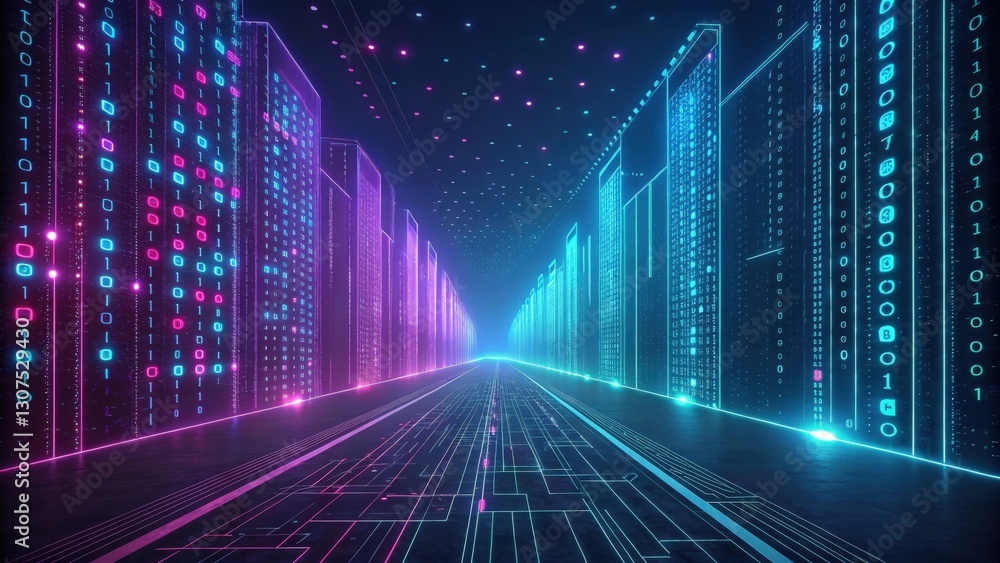 Aufkleber futuristic server room with glowing digital data streams. the image creates a sense of depth and sca