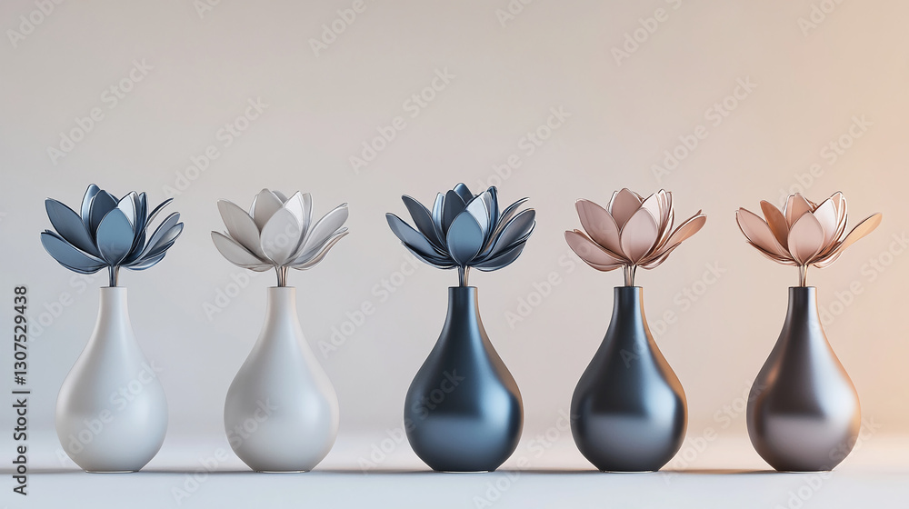 Poster five metallic lotus flowers in various colors sit in sleek, pearlescent vases, creating a minimalist