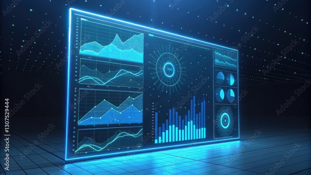 Poster futuristic digital screen displays glowing blue data and graphs, representing analytics and technolo