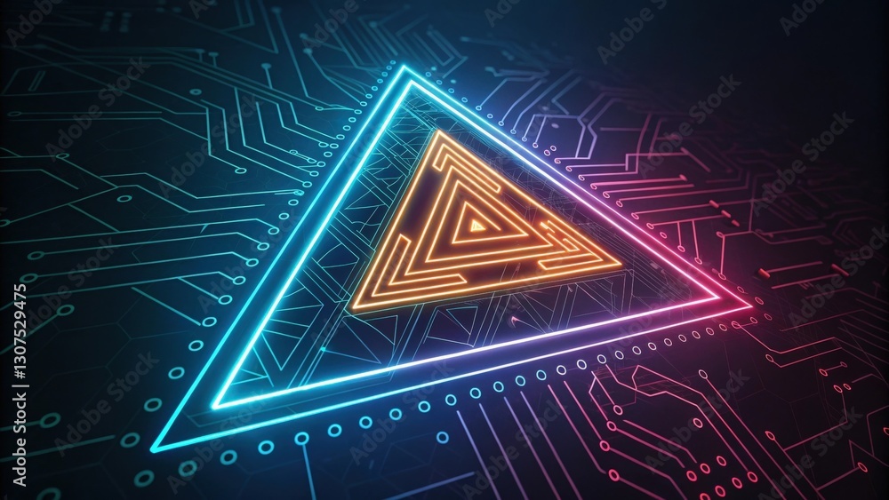 Poster a glowing triangle within a circuit board, the image conveys the abstract concept of a futuristic, t