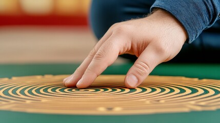 Close up of a hand tracing a spiral pattern on a green surface. The spiral is gold and intricate, suggesting a labyrinth or maze. The image has a calming and contemplative atmosphere.