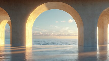 Fototapeta premium Serene ocean vista framed by elegant arches bathed in warm sunset light. AI Generated
