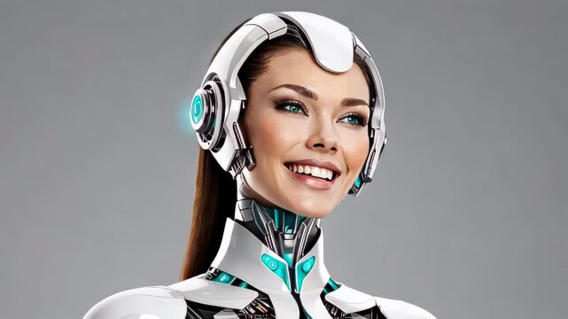 young female android laughing, artificial intelligence laugh