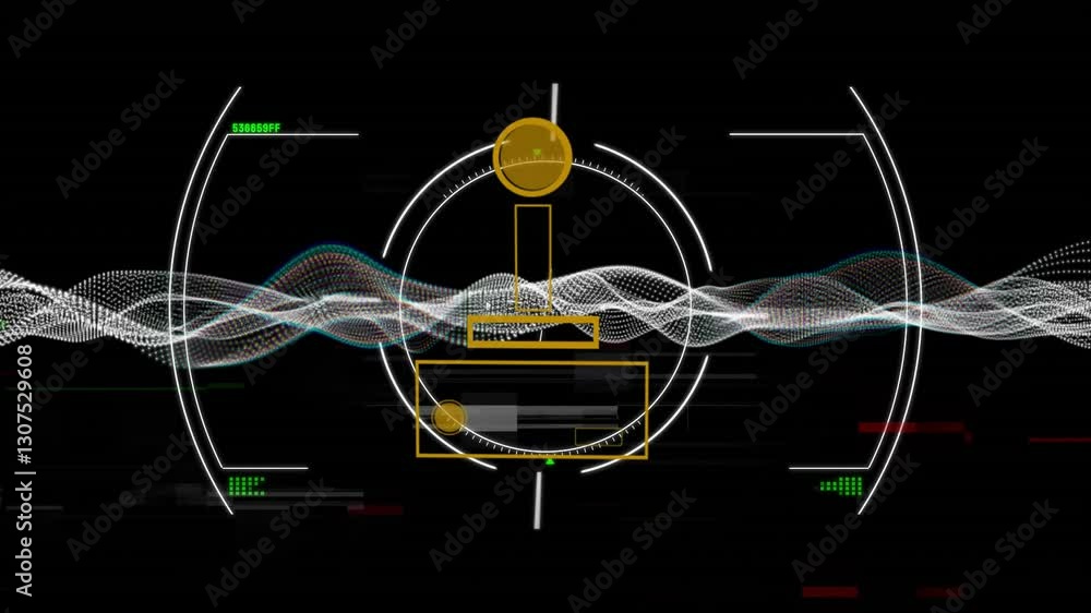 Poster animation of geometric shapes and waveforms on black background, digital interface