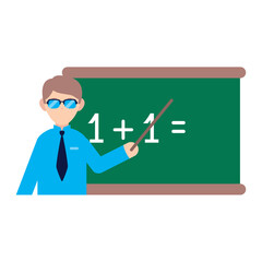 Vector Illustration of a Teacher Explaining a Basic Math Equation 1+1 on a Blackboard During a Classroom Lesson