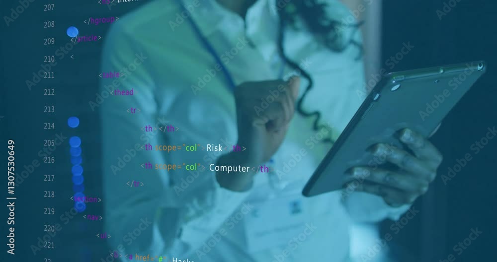 Poster using tablet with html code overlay, person learning animation in school
