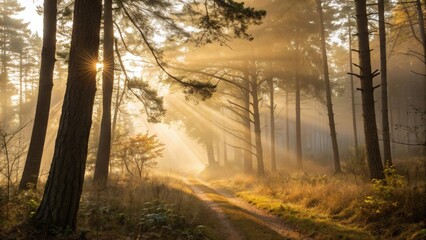 Obraz premium sunbeams illuminate a misty forest path, creating a magical and ethereal atmosphere. The golden light pierces through the trees.