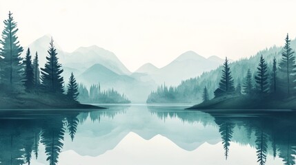Serene mountain lake reflection with misty pines and tranquil landscape