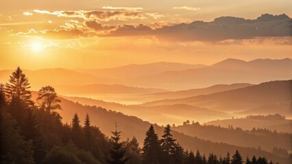 a captivating sunrise over a mountain range, casting a golden glow on the peaks and valleys. The sunlight illuminates the sky with vibrant hues.