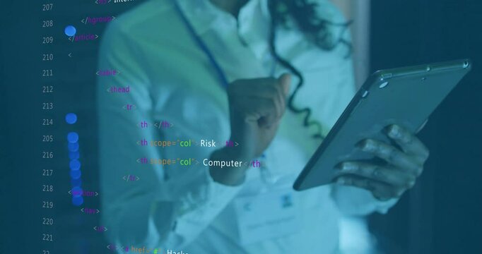 Using tablet with HTML code overlay, person learning animation in school