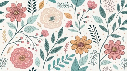 Floral pattern with pastel colors and various flowers. Perfect for backgrounds and textile designs.