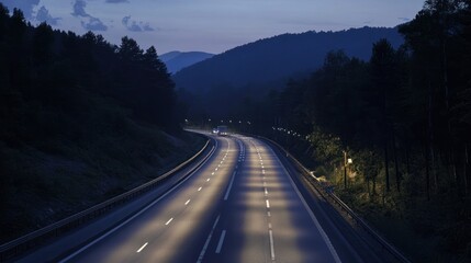 Empty Highway Winding Through Mountainous Forest at Dusk