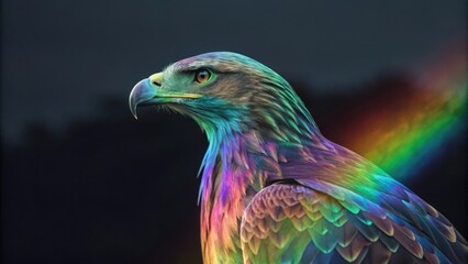 Obraz premium a majestic eagle with iridescent feathers, its gaze focused, against a darkened background, with a rainbow. The image captures the bird's power and beauty