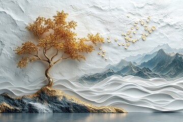 3D mural wallpaper shows white, gold waves, gold tree. Design embossed creating relief effect. Abstract art decorates wall background. Modern design for home . 32k Resolution 