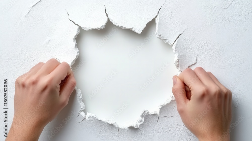 Poster two hands pulling apart a hole in a white wall, creating a circular opening. the texture of the wall