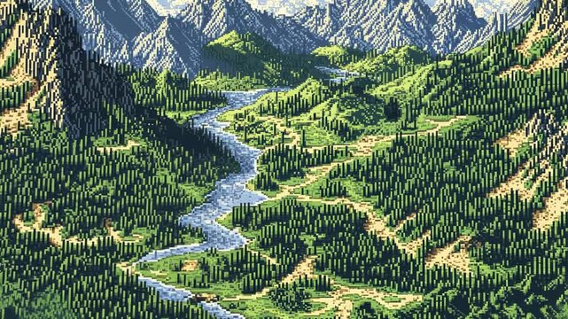 A pixel art overworld map with forests, rivers and mountains. Retro game assets.