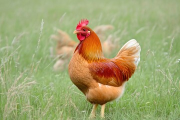 Fototapeta premium Farm rooster looking over farmyard landscape