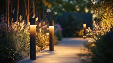 Garden path illuminated at night with modern lamp posts