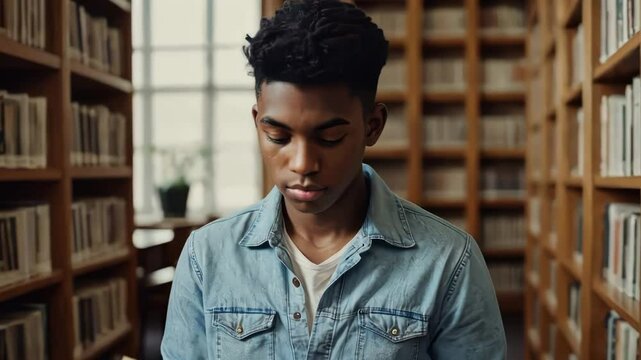black guy reading a book ina library