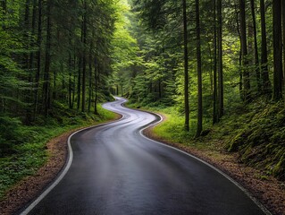 Fototapeta premium Road curves through a lush, green forest