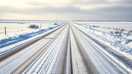 A tranquil winter road covered in snow, leading into the distance, surrounded by a serene landscape under a cloudy sky, inviting exploration and adventure.   