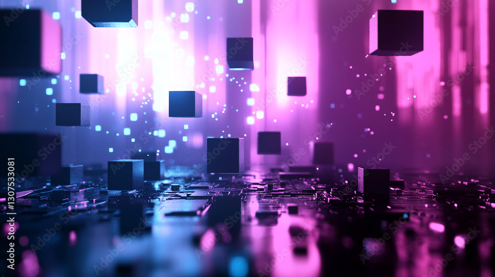 Poster abstract 3d render of dark cubes floating in a neon purple and blue space, creating a futuristic and