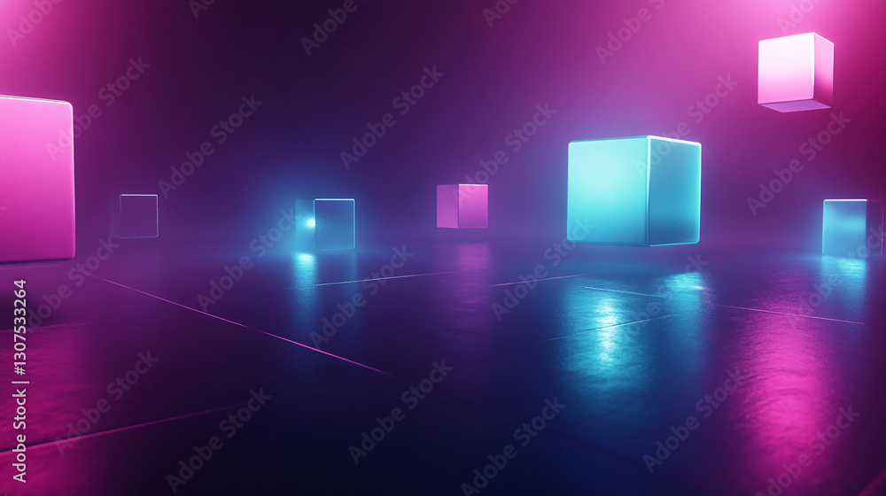 Poster neon-lit cubes on reflective surface, creating a vibrant, futuristic scene showcase, product display