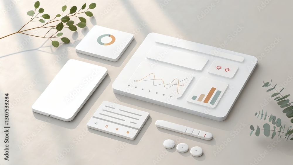 Aufkleber modern digital devices and interfaces arranged on a surface with a plant in background