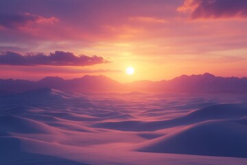 Vibrant sunset over purple sand dunes and mountains