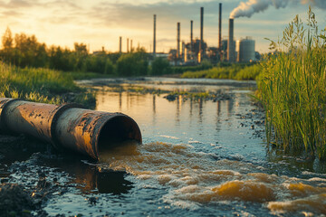 Industrial discharge effluent pollution of water, pipeline discharging liquid industrial waste into a river. Environmental pollution, Hazardous waste water from factory 