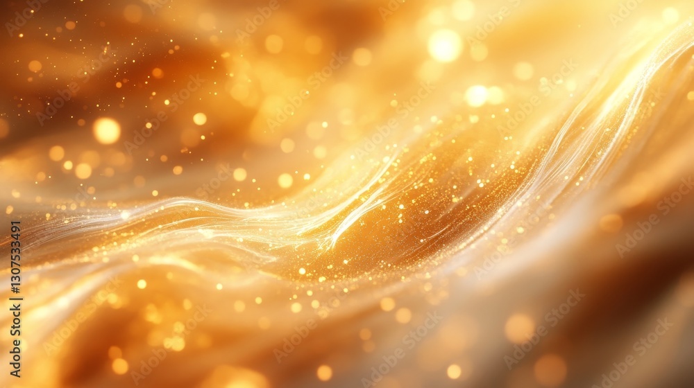 Poster golden flowing waves with shimmering light and bokeh effects