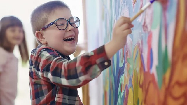 Child with down syndrome joyfully painting, spreading vibrant colors across canvas, expressing pure artistic creativity and happiness
