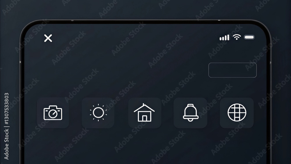 Poster dark mode smartphone interface with minimal line icons