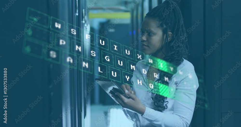 Poster analyzing data on tablet, woman with floating animation in server room