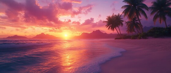 Vibrant sunset over tropical beach with palm trees.