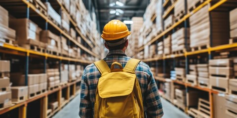 Fototapeta premium Warehouse employee walking in between warehouse shelves