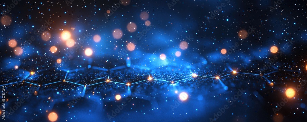 Poster blue abstract glowing network background with hexagonal patterns and sparkling lights