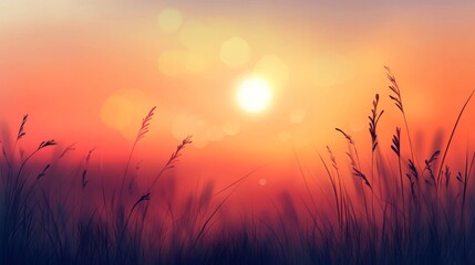 Peaceful sunset over grassy field with silhouette of plants