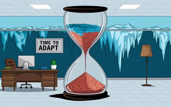 Adapting to Time: An office with an hourglass indicating adaptation to the environmental change 
