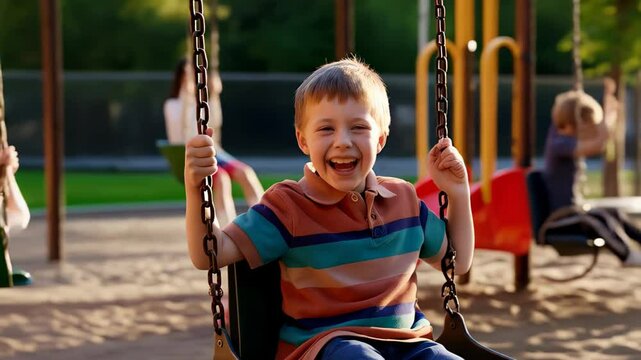 Smiling child with down syndrome swinging happily, representing playground inclusion and social integration
