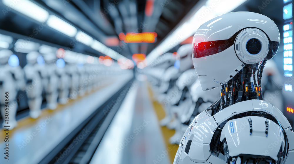 Poster futuristic robot standing in high tech train station, showcasing advanced technology and design