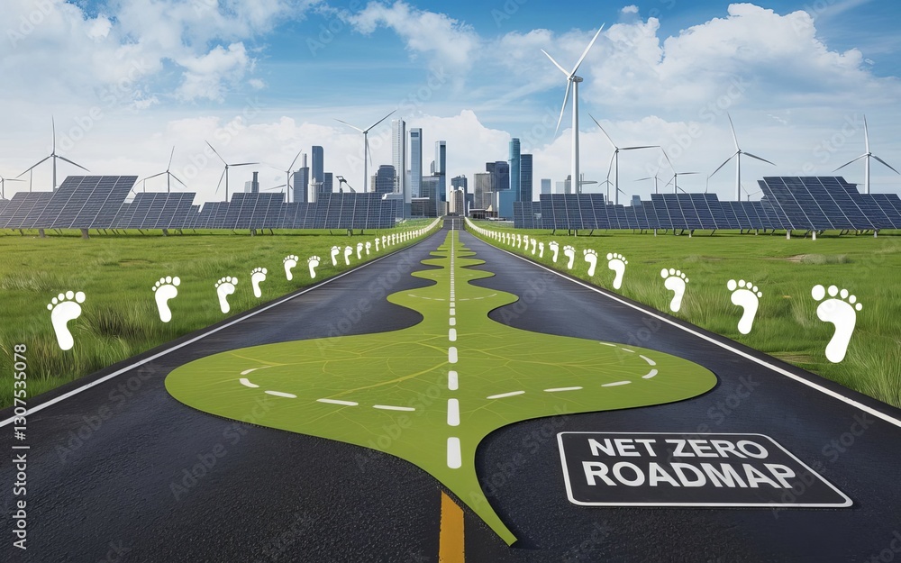 Poster the net zero roadmap: a forward-thinking visualization of a road to a sustainable future, marked wit