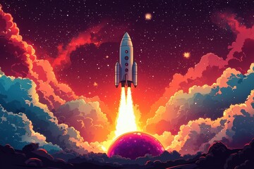 Fototapeta premium Vivid rocket launch with cosmic background and colorful rising clouds