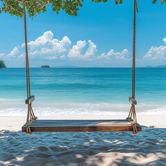 Wooden empty beach swing under green tree on white sandy beach with turquoise sea. Swinging on the seashore. Summer holiday banner