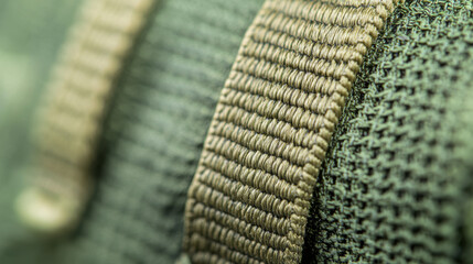 Close up of textured green fabric with woven straps, showcasing intricate details and patterns
